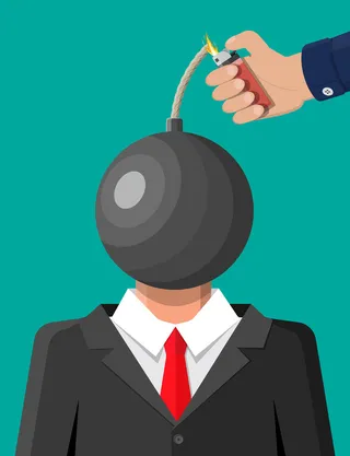 强调与炸弹头的商人。过度劳累精疲力竭的人与燃烧的大脑。被工作烧死的人。情绪压力。燃烧的头的西装的男人。平面样式的矢量图