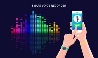 来自均衡器的音频梯度波。屏幕上有麦克风图标的手机。用于数字语音广播录制的手机app手机app移动应用程序app。彩色频谱中的音乐频率。