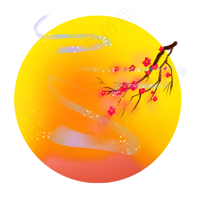 红色的月亮和梅花免抠图