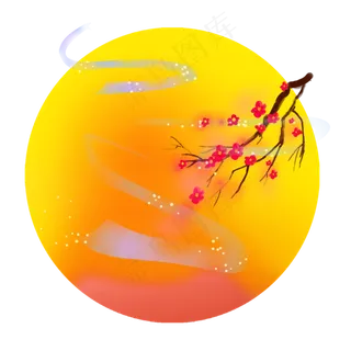 红色的月亮和梅花免抠图
