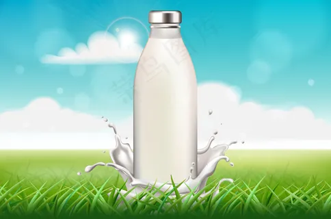 一瓶牛奶被草地上溅起的水花包围着