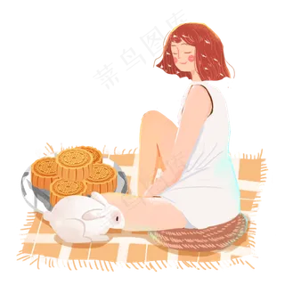 中秋佳节月饼兔子女孩png素材