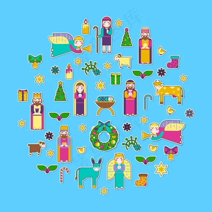 圣诞快乐贴纸图标设置背景。eps,ai矢量模版下载