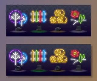 农业霓虹灯图标，矢量霓虹灯在黑暗背景下发光。