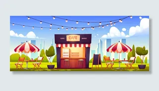 户外咖啡馆、公园夏季展台、街头美食