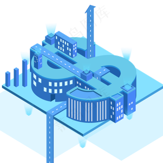 卡通蓝色的金币符号建筑