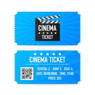 白色背景上孤立的电影院票。真实的前视图。电影横幅banner。电影院电影票集