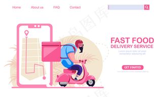 大家伙骑滑板车老式摩托车搬运箱子快餐送货服务。背景是手机地图。网上购物概念说明