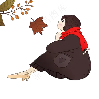 手绘立秋坐在地面仰望落叶的日系