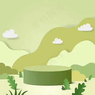 具有几何形式的抽象最小场景。天然绿色背景下的圆柱体讲台，绿色植物叶子。