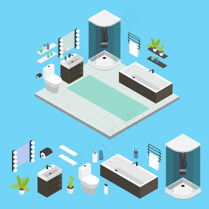 等距浴室内部组成，带淋浴小房间瓷砖地板