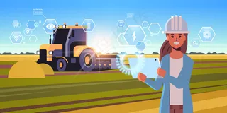 女农场主用平板电脑控制拖拉机耕地智能农业现代技术收割组织应用概念景观肖像