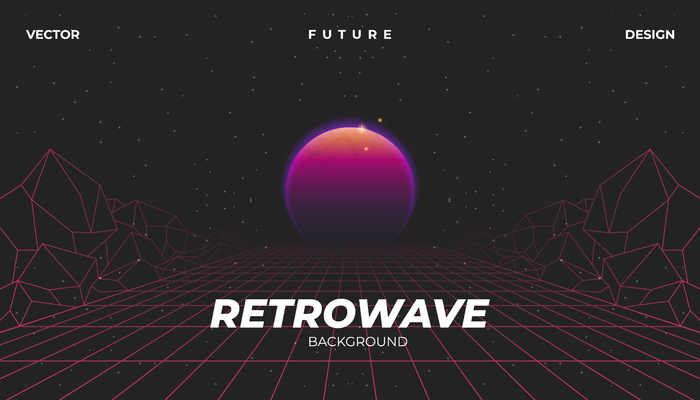 Retrowave赛博霓虹背景景观80年代风格。eps,ai矢量模版下载