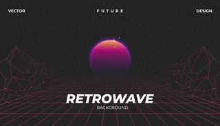 Retrowave赛博霓虹背景景观80年代风格。