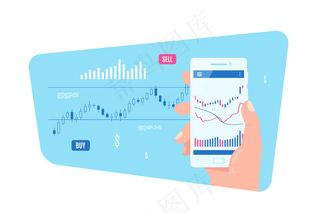 屏幕上有烛台图形的男性手持智能手机。移动交易应用概念