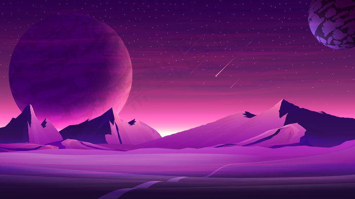 火星紫色的空间景观，紫色星空中有大型行星eps,ai矢量模版下载