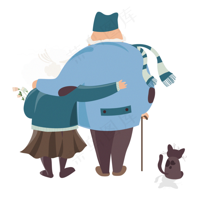 手绘卡通奶奶爷爷相拥散步元素