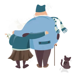 手绘卡通奶奶爷爷相拥散步元素