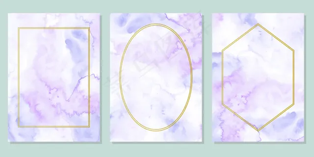 蓝紫色水彩画抽象背景配金色边框