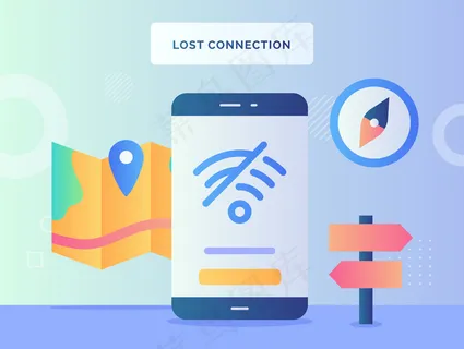 失去连接概念wifi图标划掉显示智能手机屏幕上的无信号互联网接入指南针地图路标的背景平面样式。 失去连接概念wifi图标划掉显示智能手机屏幕上的无信号互联网接入指南针地图路标的背景平面样式。