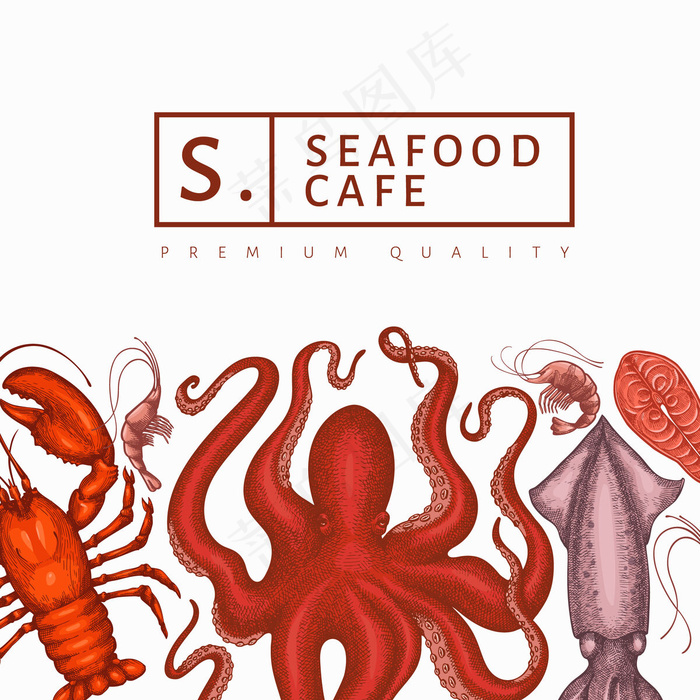 海鲜设计模板。手绘矢量海鲜插图。雕刻风格的食品横幅banner。复古海洋动物背景