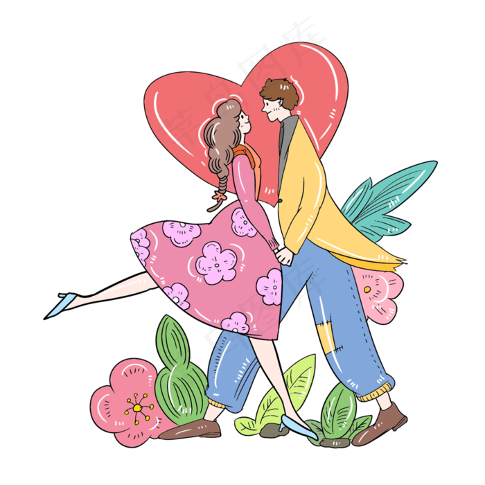 七夕节彩色手绘现代情侣造型