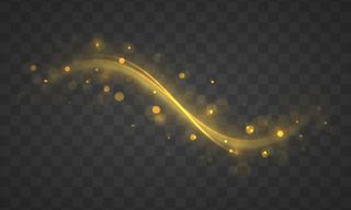 光效金线。在透明背景上有小部分的动态金色波浪。黄尘。博克效应。黄色的火花和星星的尘埃闪耀着特殊的光芒。说明