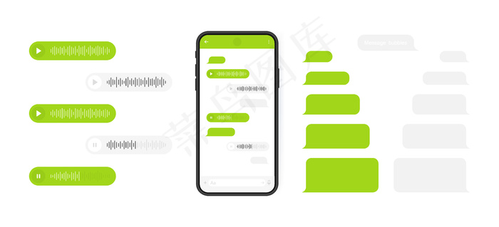 社交媒体概念。带有messenger聊天屏幕和语音波的智能手机。短信模板气泡组成对话。现代插图。