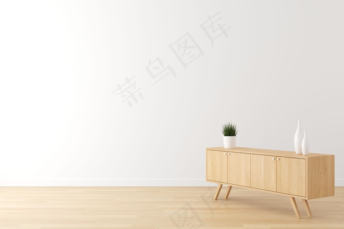 生活场景室内白墙、木地板、木柜设置广告，并留有空白文字。