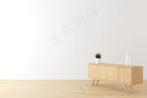生活场景室内白墙、木地板、木柜设置广告，并留有空白文字。