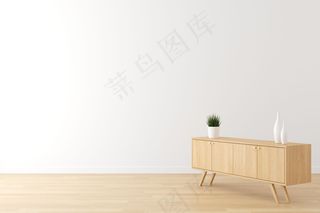 生活场景室内白墙、木地板、木柜设置广告，并留有空白文字。