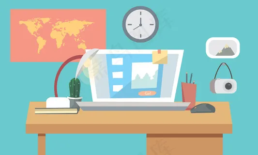 工作场所的内部概念包括电脑、笔记本电脑、台灯、待办事项清单、显示器上的工作程序、组织者、书架、书籍