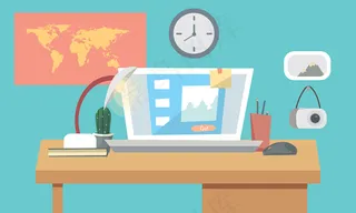 工作场所的内部概念包括电脑、笔记本电脑、台灯、待办事项清单、显示器上的工作程序、组织者、书架、书籍