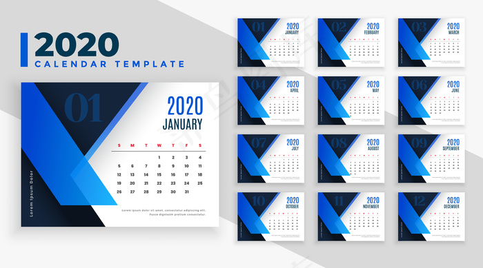 蓝色主题2020商务风格日历模板eps,ai矢量模版下载