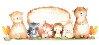 可爱的林地动物和木材标志水彩插图