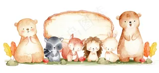 可爱的林地动物和木材标志水彩插图