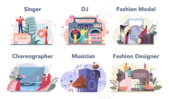 创意职业套装。时装设计师和dj在工作，舞者