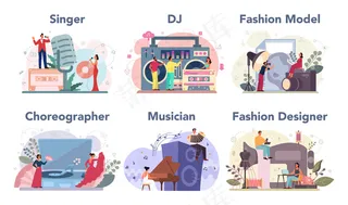 创意职业套装。时装设计师和dj在工作，舞者