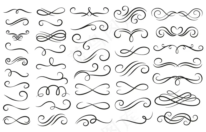 漩涡装饰笔划。装饰卷曲，漩涡分割器和花丝装饰矢量插图集eps,ai矢量模版下载