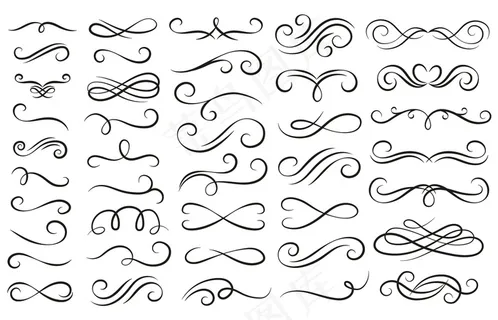 漩涡装饰笔划。装饰卷曲，漩涡分割器和花丝装饰矢量插图集