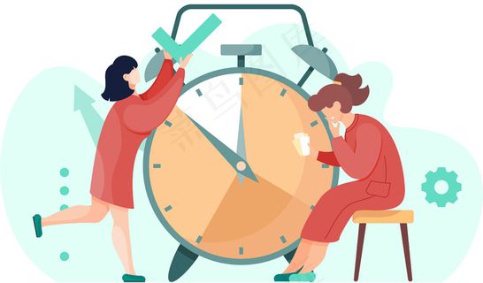 那个女孩站着打勾。沉思的女性角色手里拿着卡片坐着。女人正在考虑下一步行动。办公室工作管理。背景上的大闹钟