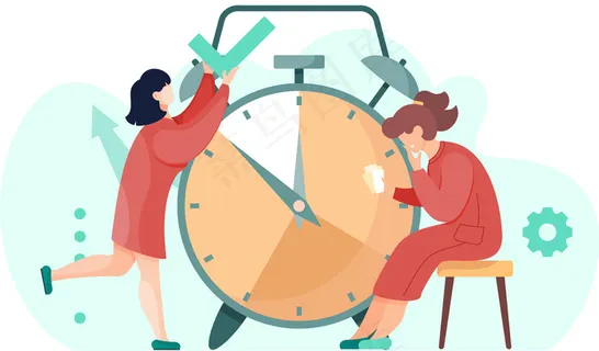 那个女孩站着打勾。沉思的女性角色手里拿着卡片坐着。女人正在考虑下一步行动。办公室工作管理。背景上的大闹钟