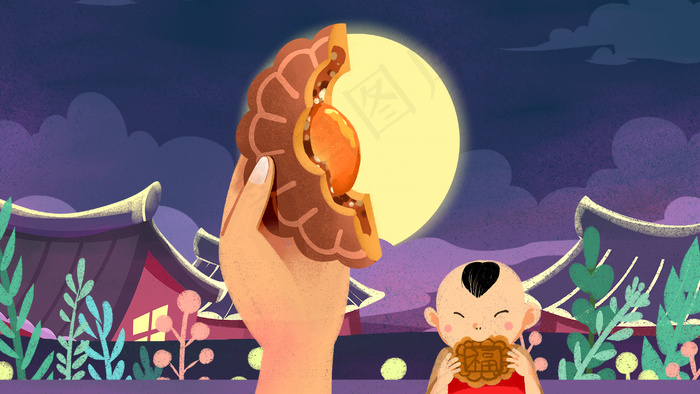 卡通手绘风中秋吃月饼配图中秋(2880*1620px 300 dpi )psd模版下载