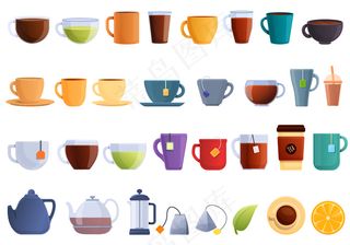 茶具套装。卡通茶叶矢量图标集