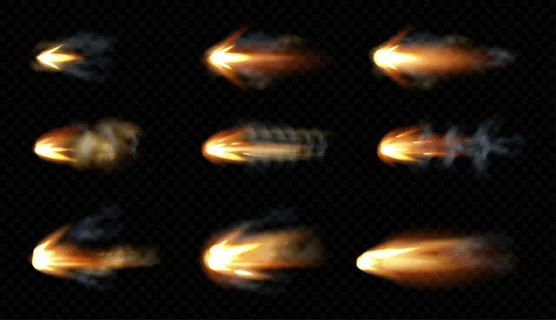 枪闪着烟和火的火花。手枪射击云层，枪口散弹枪爆炸。爆炸运动，武器子弹的轨迹被隔离在黑色背景上。逼真的三维插图，图标集