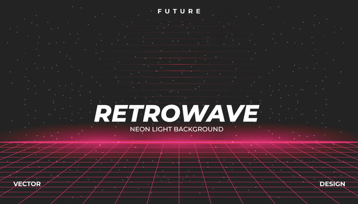 Retrowave赛博霓虹背景景观80年代风格。