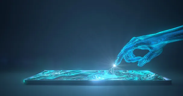 抽象的手触摸数字设备。3d渲染，