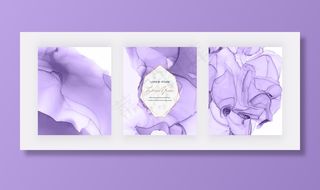 紫色酒精墨水设计封面和几何大理石框架。抽象的手绘背景。