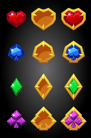 游戏卡套装。扑克符号，黄金赌博徽章。