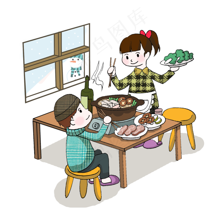 冬季冬天节气冬装卡通插画一起吃